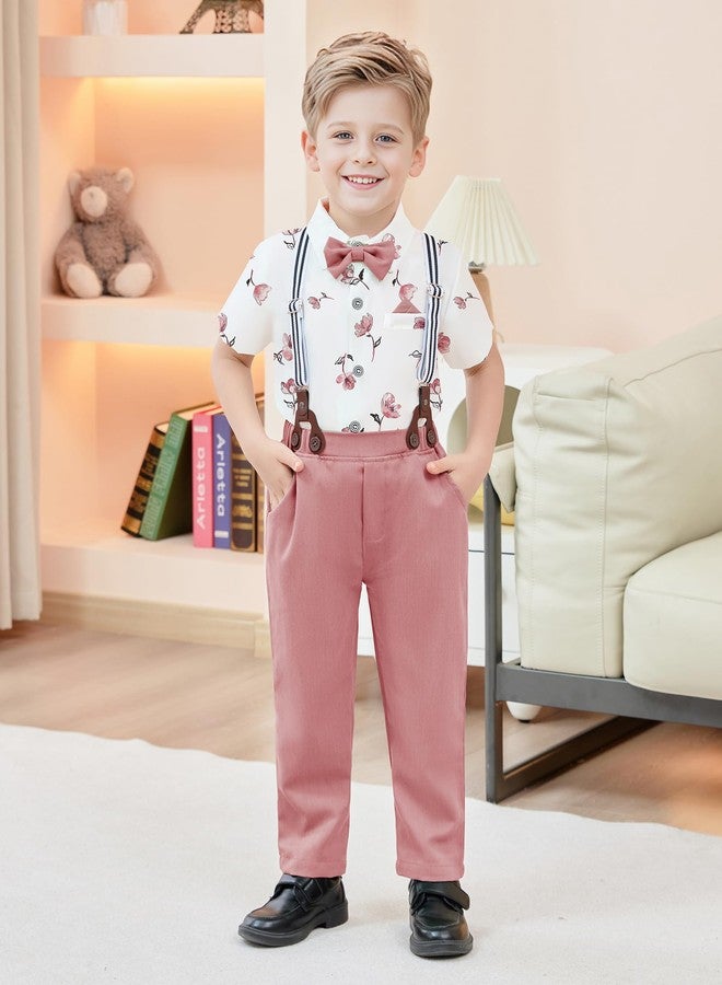 nilikastta Boys Wedding Outfit Toddler Boy Formal Outfit Pink Short Dress Shirt With Bowtie/Suspender Pants 3-4T. - Image 3